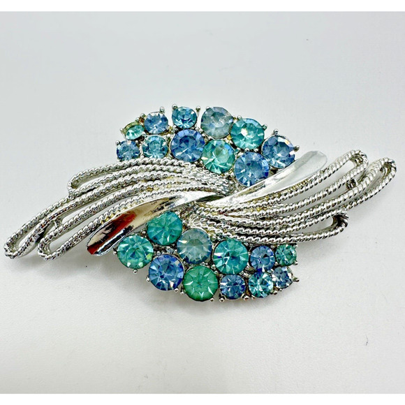Coro Signed Blue Rhinestone Silver Tone Abstract Brooch Pin Vintage - Picture 1 of 10